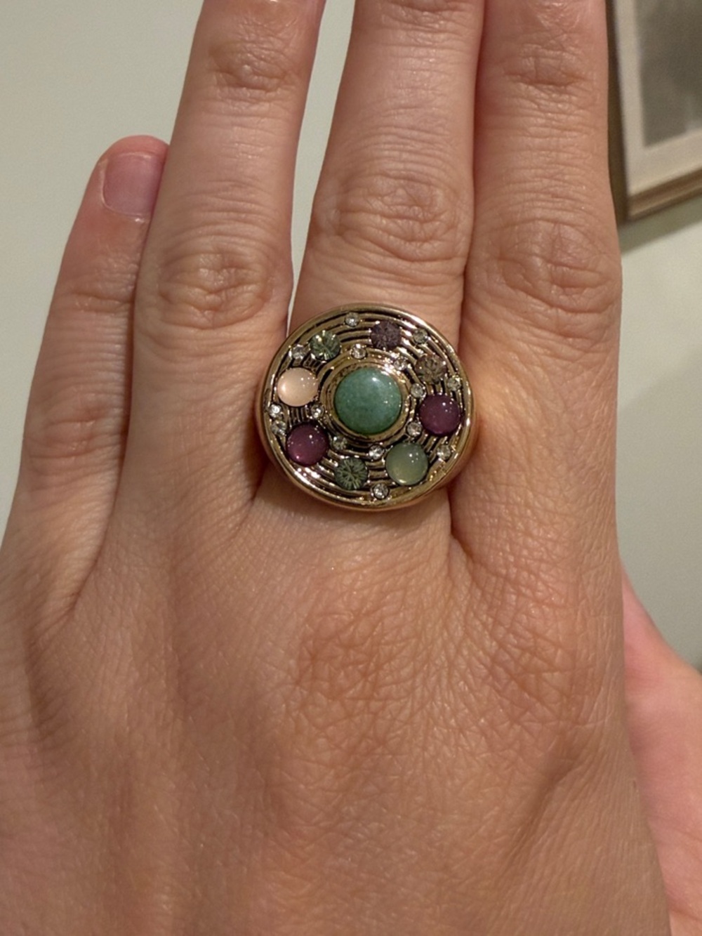 Gold-Tone Multi-Stone Statement Ring with Green Purple and Pink Stones Size 8
